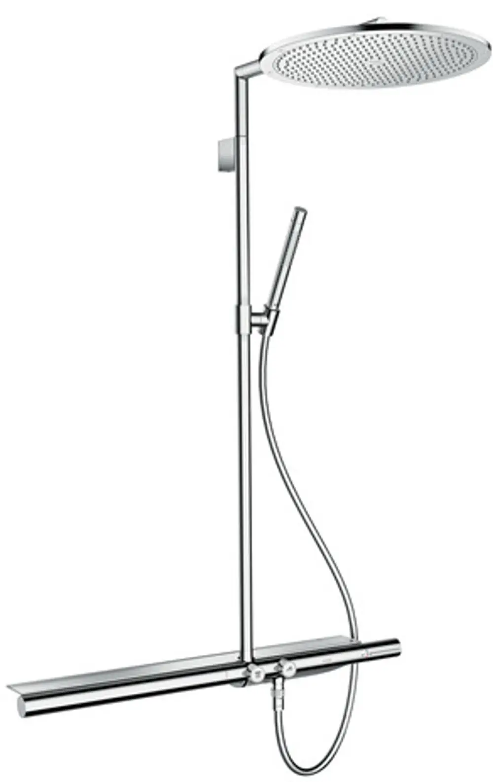 Showerpipe mit Thermostat und Kopfbrause, ausgestattet mit einer Handbrause, in verchromtem Finish. Produkt von AXOR, geeignet für moderne Badezimmer.